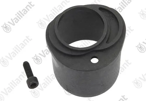 Vaillant Adapter aus schwarzem Material mit kreisförmiger Öffnung und seitlichem Loch, neben einer kleinen Schraube.